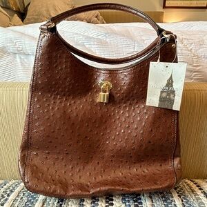 London Fog Nutmeg Brown Ostrich Satchel Bag NWT OS
